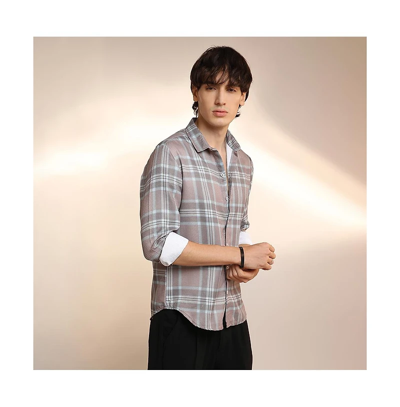 Campus Sutra Men's Nude Pink & Cloud Grey Tartan Plaid Shirt