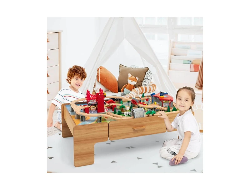Kids Double-Sided Wooden Train Table Playset with Storage Drawer