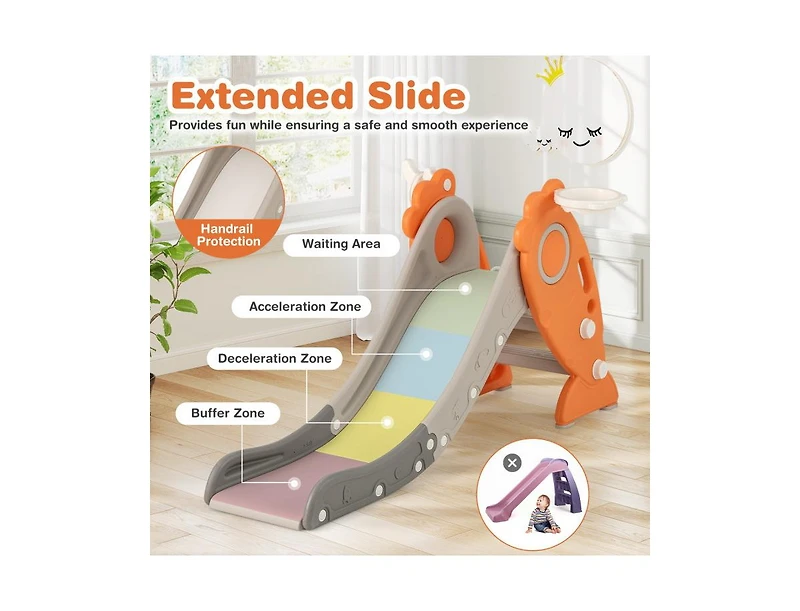 4-in-1 Indoor Slide for Kids Age 3+ with Basketball Hoop and Rings