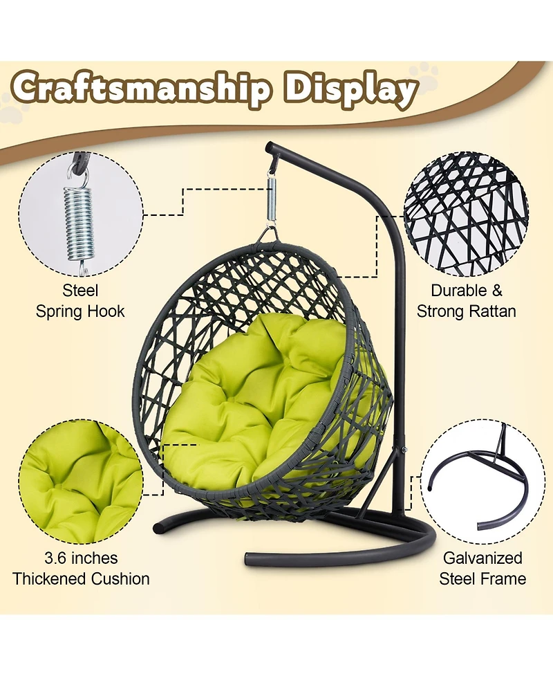 This rattan cat swing bed with cushion and stand provides a cozy swinging space for cats and small pets offering comfort and relaxation indoors