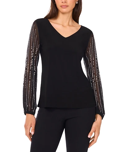 Msk Women's V-Neck Beaded Sleeve Top