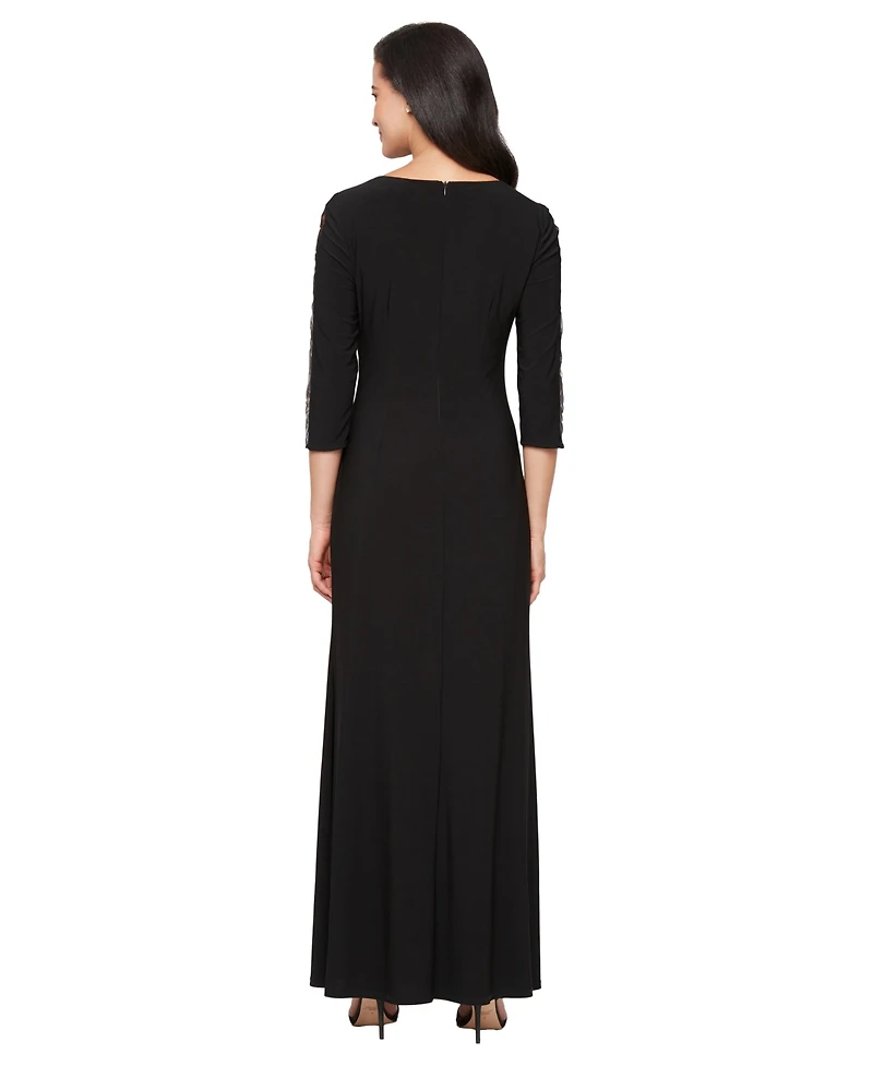 Sl Fashions Women's Embroidered Illusion Inset Sleeves Dress