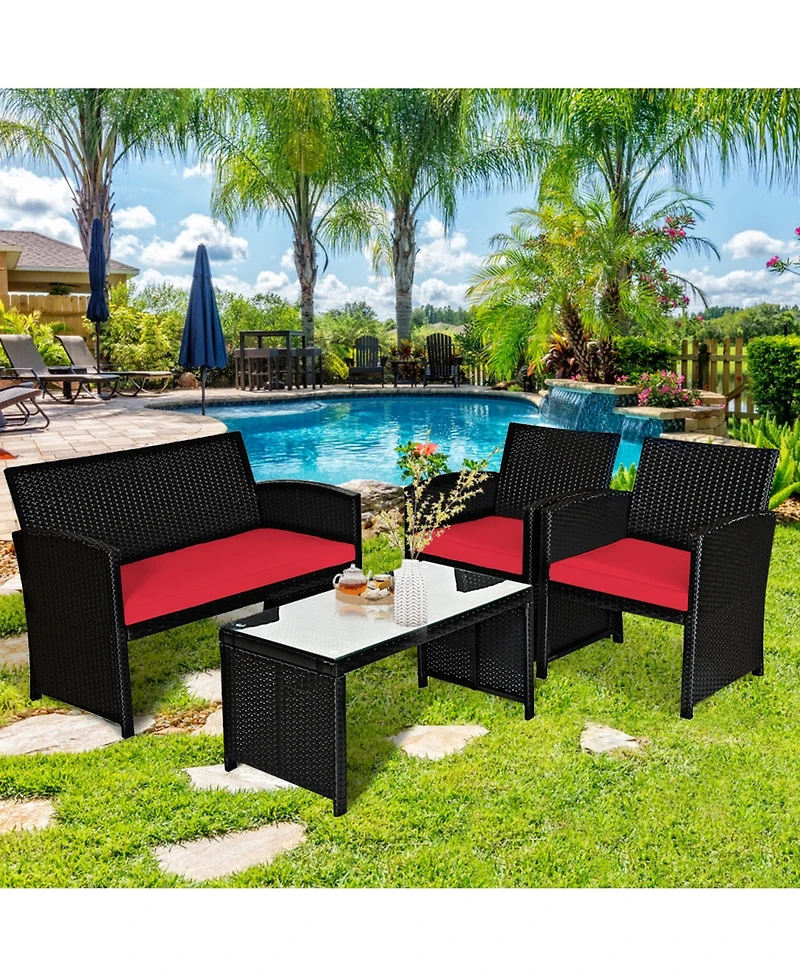 Gymax 4PCS Rattan Outdoor Conversation Set Patio Furniture Set w/ Red Cushions