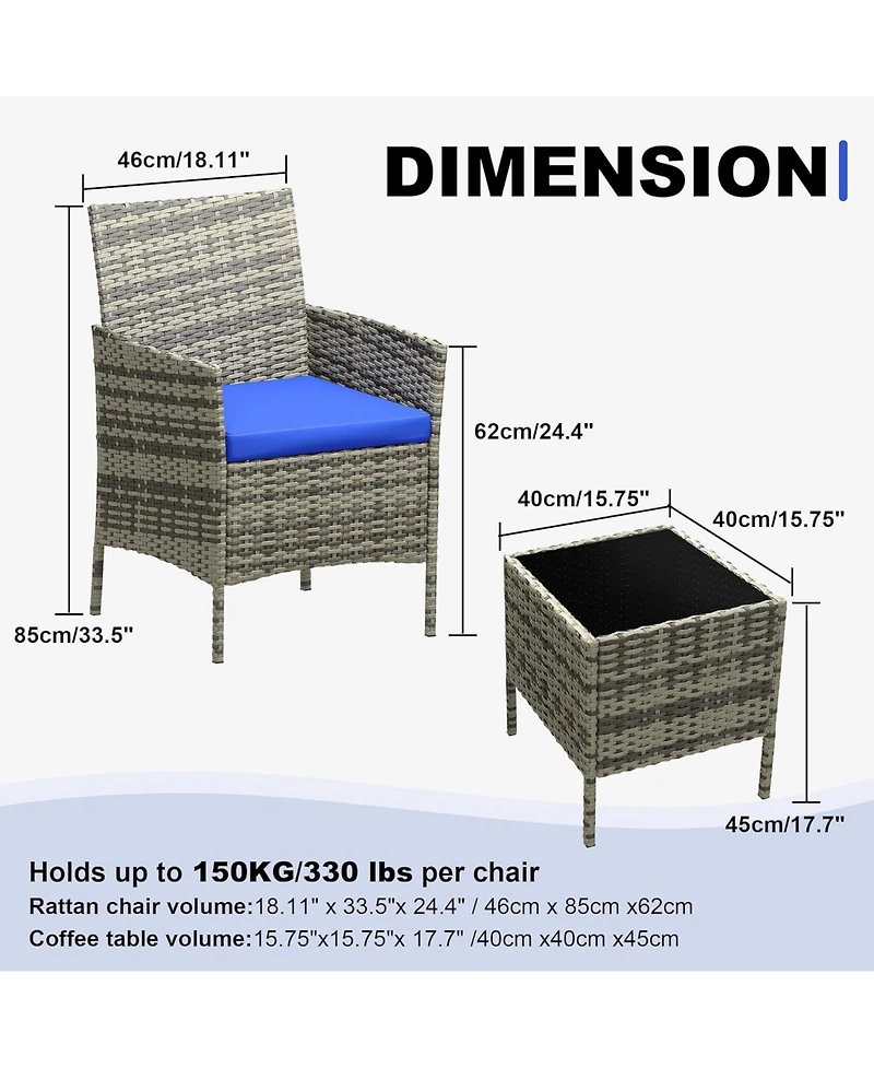 gaomon 3 Piece Grey Pe Rattan Patio Conversation Set with 2 Chairs & Coffee Table, Outdoor Furniture for Patio, Porch, Balcony