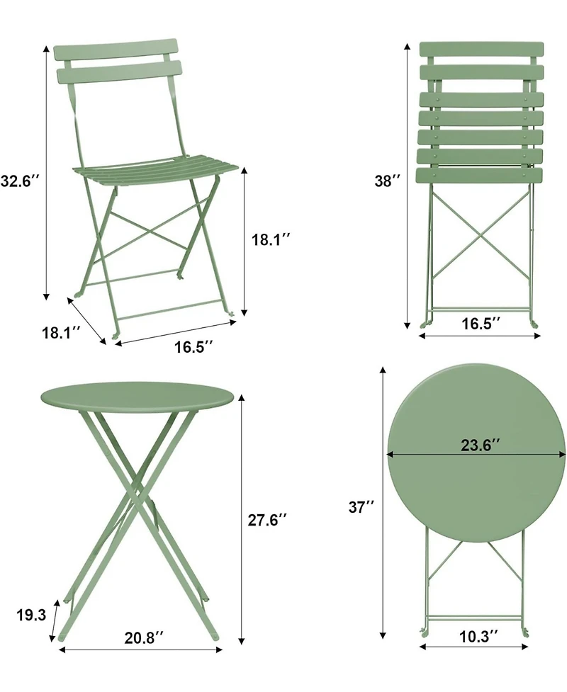 gaomon 3 Pieces Green Patio Bistro Set, Folding Table & Chairs, Metal Frame, Weather Resistant, Space Saving for Indoor & Outdoor