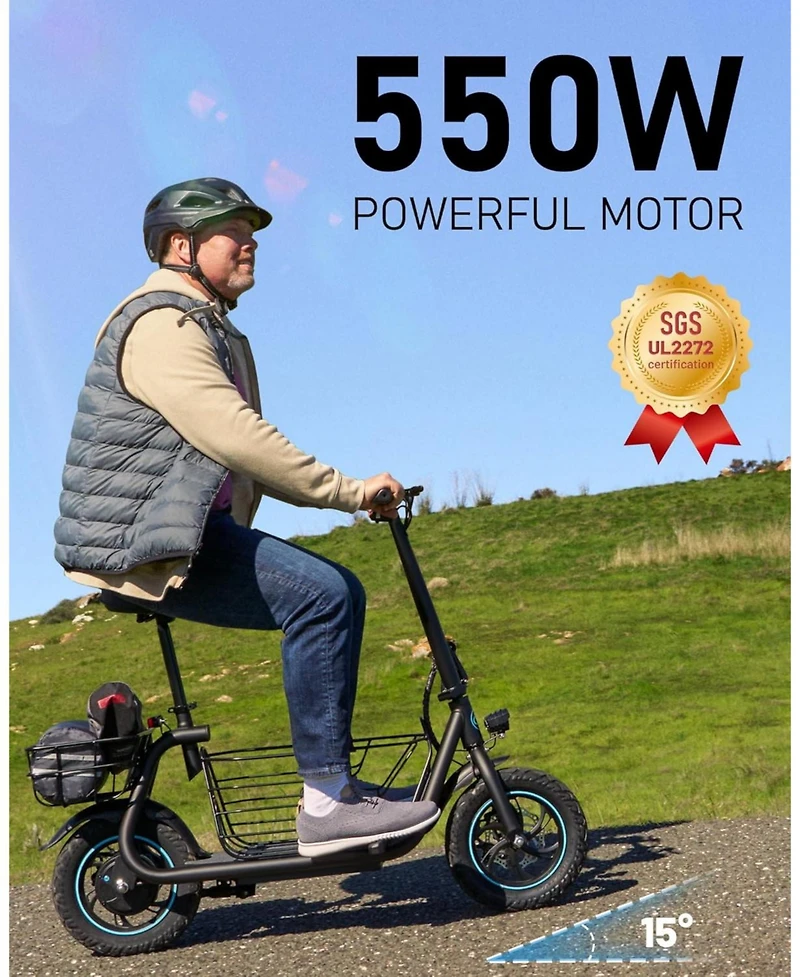Urbanmax Electric Scooter with Seat, 550W Motor, 18.6MPH, 20 Miles Range, Large Storage Basket