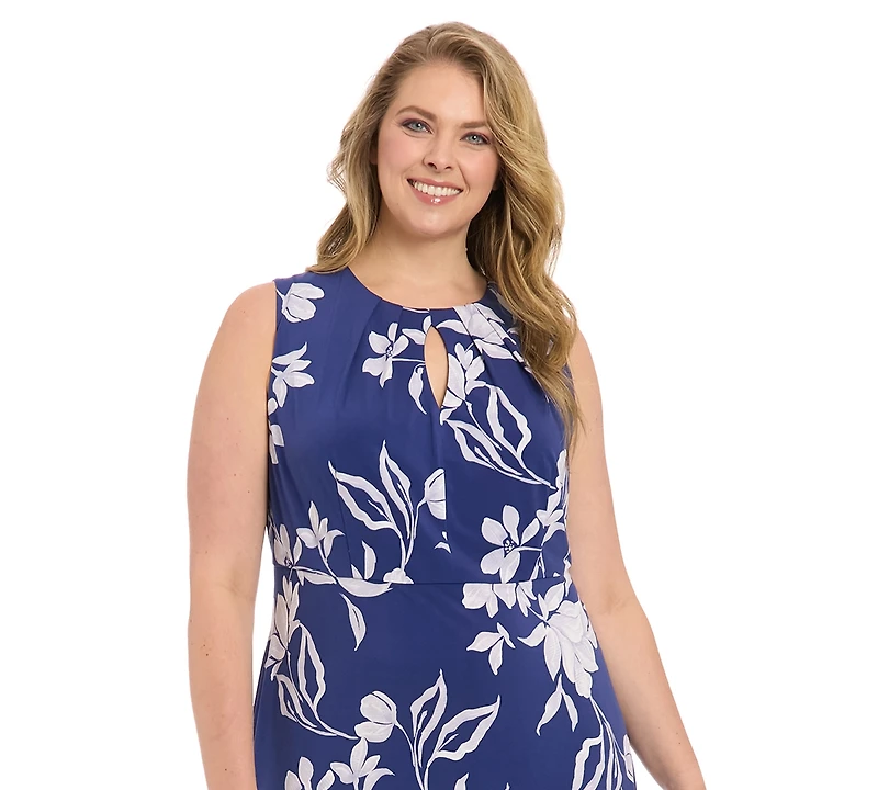 London Times Plus Printed Sleeveless Midi Dress