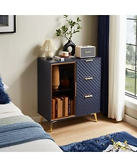 Casainc Deluxe Carved Style Cabinet with Tempered Glass Doors Three Drawer Metal Legs Adjustable Feet