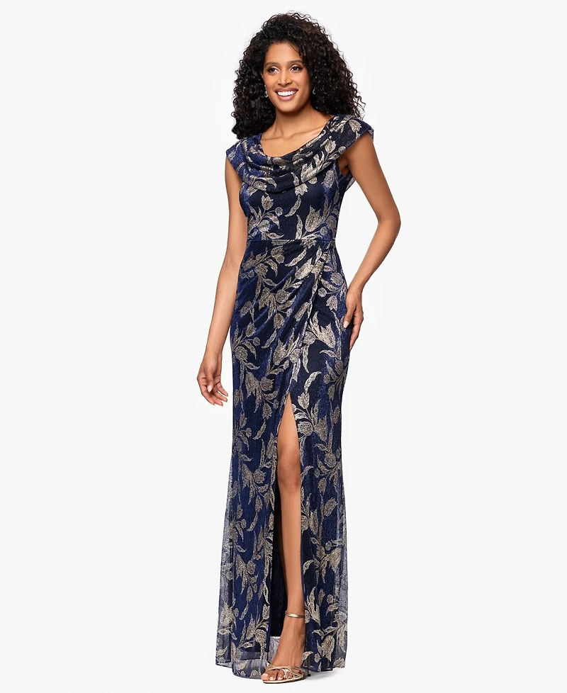 Betsy & Adam Women's Long Foil Crinkle Cowl Neck Dress