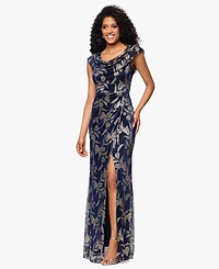 Betsy & Adam Women's Long Foil Crinkle Cowl Neck Dress