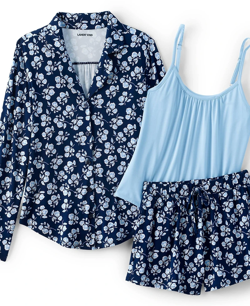 Lands' End Plus Cooling 3 Piece Pajama Set - Long Sleeve Top Cami and Shorts