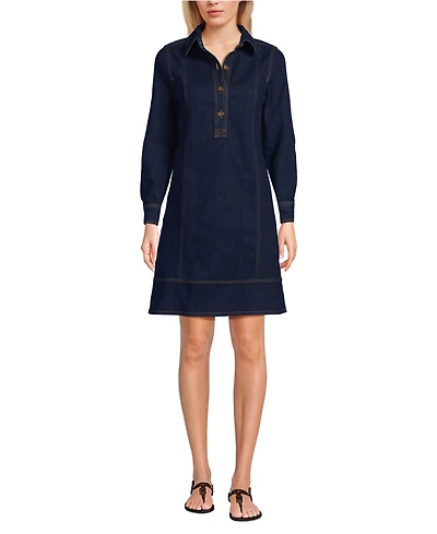 Lands' End Women's Soft Denim Popover Long Sleeve Shirt Dress