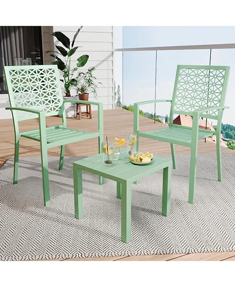 gaomon 3 Pcs Green Patio Bistro Set, Outdoor Stackable Steel Chairs & Square Coffee Table for Balcony, Porch, Garden, Lawn