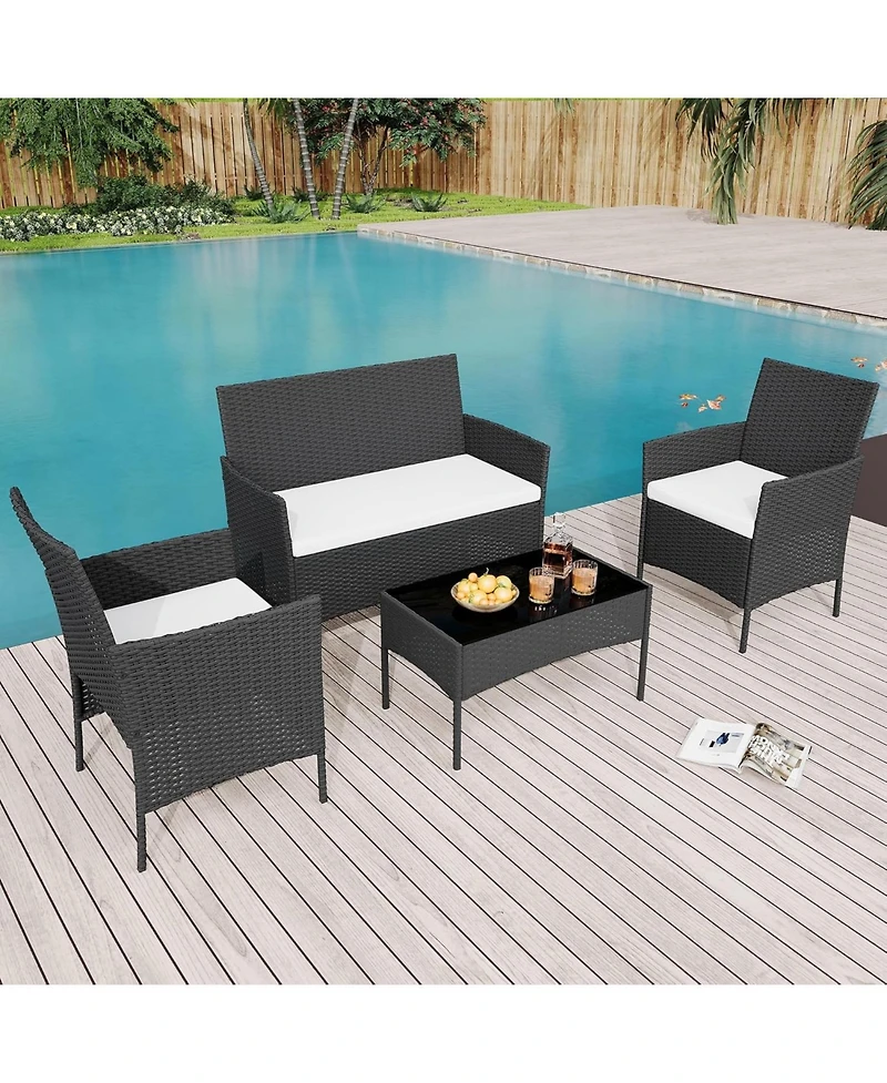 Gaomon 4 Piece Brown/Black Weather-Resistant Rattan Patio Furniture Set, Deck Chairs & Wicker Combo for Garden & Lawn