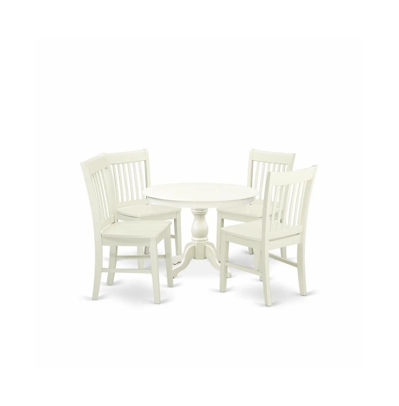 East West Furniture 5 Piece Dining Room Table Set - Linen White Dining Table and 4 Linen White Kitchen Chairs with Slatted Back - Linen White Finish