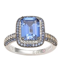 Suzy Levian Sterling Silver Sapphire and Created White Halo Ring