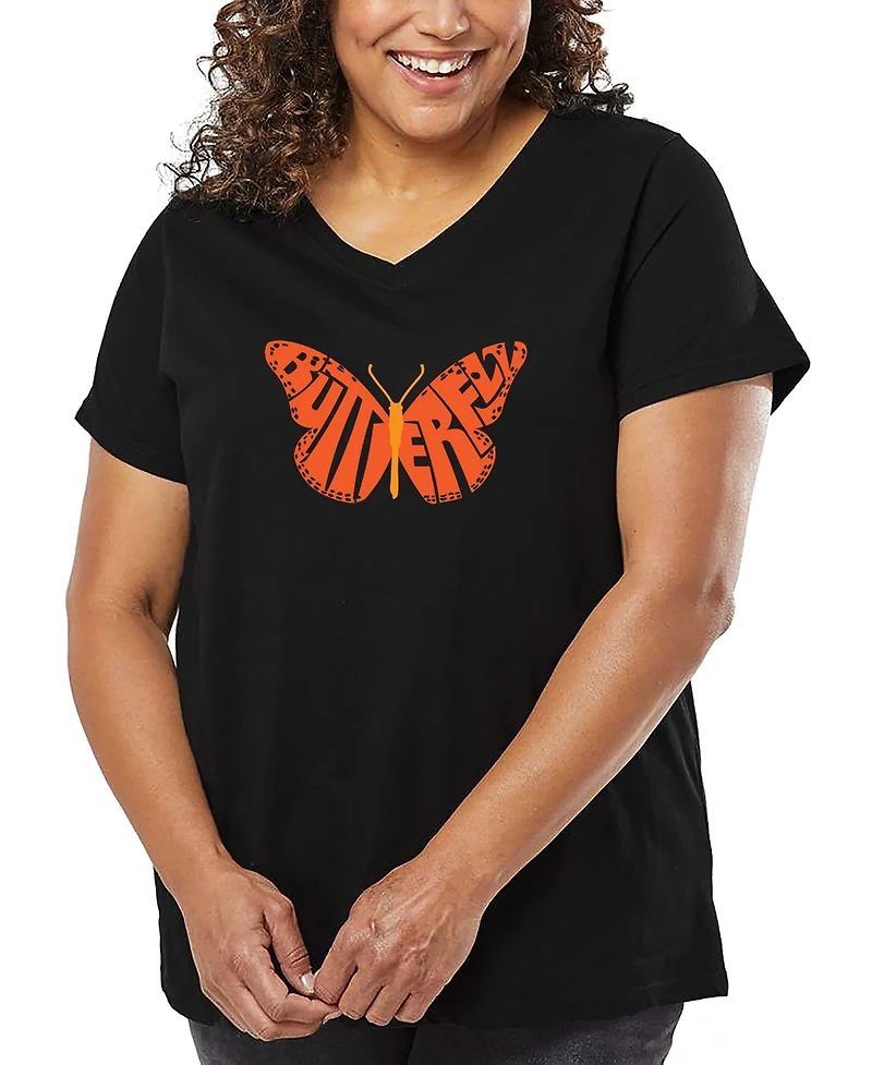 La Pop Art Plus Butterfly Word V-Neck T-Shirt