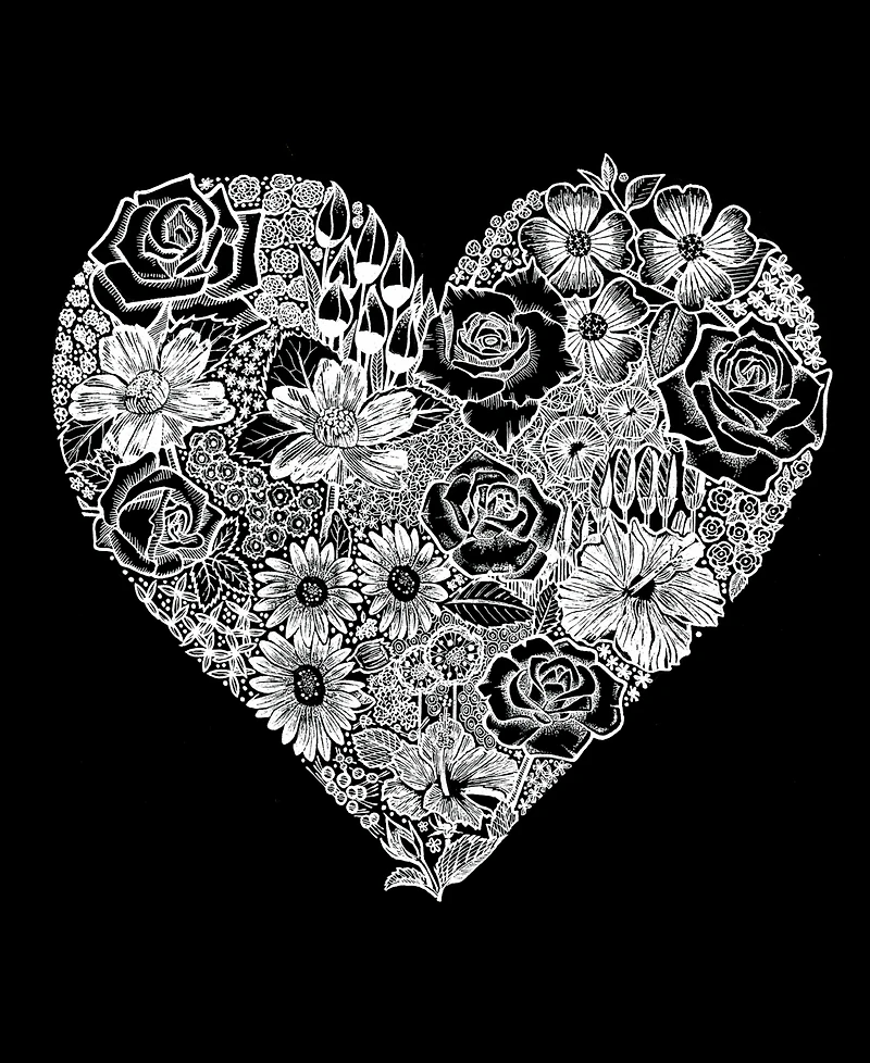 La Pop Art Plus Heart Flowers Word V-Neck T-Shirt