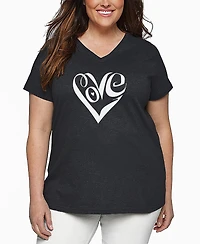 La Pop Art Plus Size Script Love Heart Word Art V-Neck T-Shirt