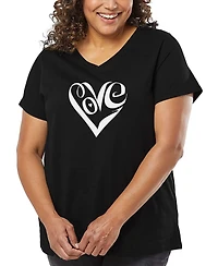 La Pop Art Plus Script Love Heart Word V-Neck T-Shirt