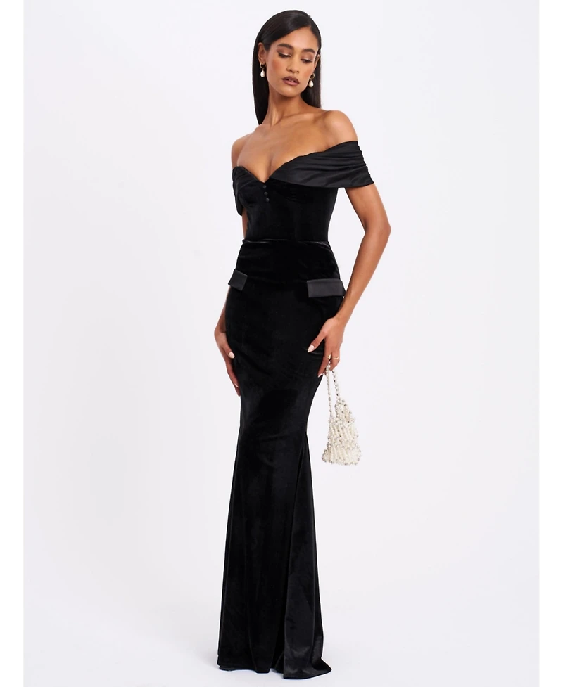 Miss Circle Women Qamra Black Velvet Off Shoulder Mermaid Maxi Dress