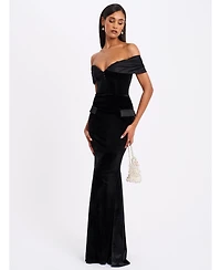 Miss Circle Women Qamra Black Velvet Off Shoulder Mermaid Maxi Dress