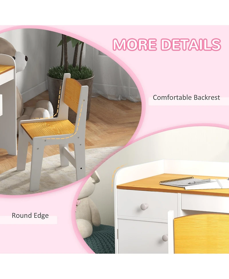 Qaba Kids Desk and Chair Set with Storage Drawer, Study Desk with Chair for Children for Arts & Crafts, Snack Time, Homeschooling, Homework, White