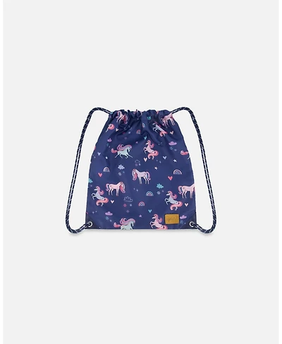 Deux par Deux Girl Drawstring Bag Navy Unicorn Print - Toddler|Child