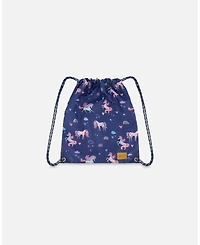 Deux par Deux Girl Drawstring Bag Navy Unicorn Print - Toddler|Child