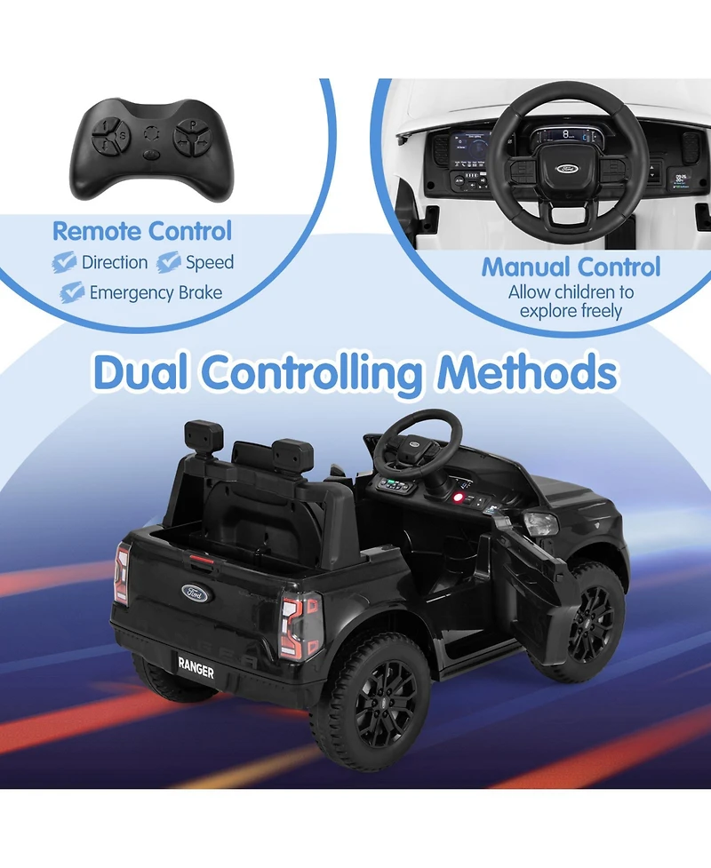 12V Electric Kids Ride-On Licensed Ford Ranger with Remote Control and Music - Black