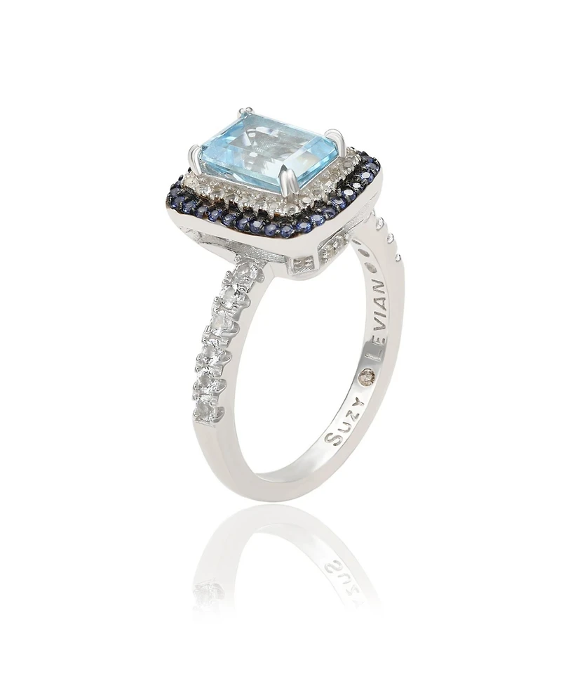 Suzy Levian Sterling Silver Emerald Cut Topaz and Sapphire Double Halo Ring
