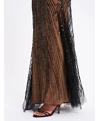 Miss Circle Women's Qeturah Embroidered Sequin Off Shoulder Mesh Gown
