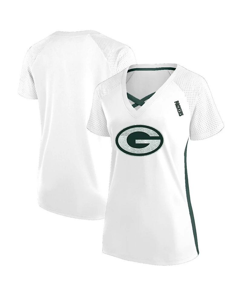 Fanatics Women's White Green Bay Packers Plus Glitter Lace-Up V- Neck T-Shirt