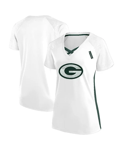 Fanatics Women's White Green Bay Packers Plus Glitter Lace-Up V- Neck T-Shirt