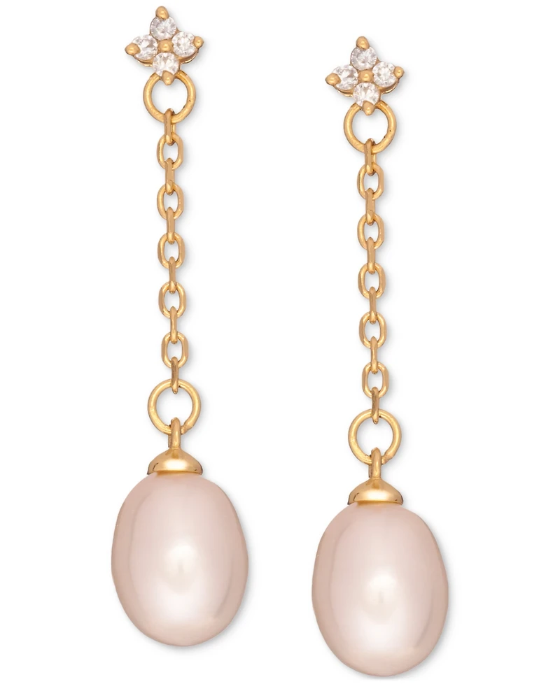 Cultured Freshwater Pearl (7x9mm) & Cubic Zirconia Linear Chain Drop Earrings in 18k Gold-Plated Sterling Silver