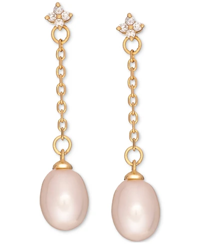 Cultured Freshwater Pearl (7x9mm) & Cubic Zirconia Linear Chain Drop Earrings in 18k Gold-Plated Sterling Silver