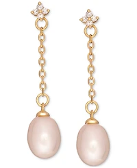 Cultured Freshwater Pearl (7x9mm) & Cubic Zirconia Linear Chain Drop Earrings in 18k Gold-Plated Sterling Silver