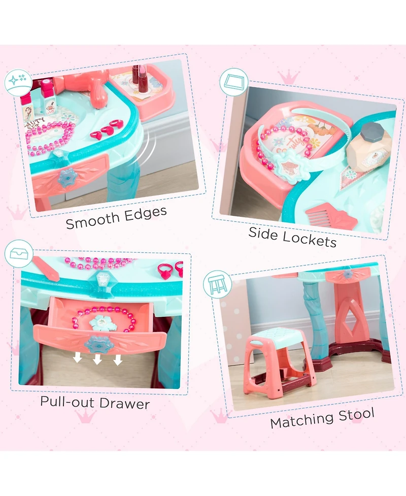 Qaba Kids Vanity Makeup Table Set with Chair and 31-Piece Collection, Mirror Princess Vanity Table with Self-Opening Magic Mirror, Music, Light, Imagi