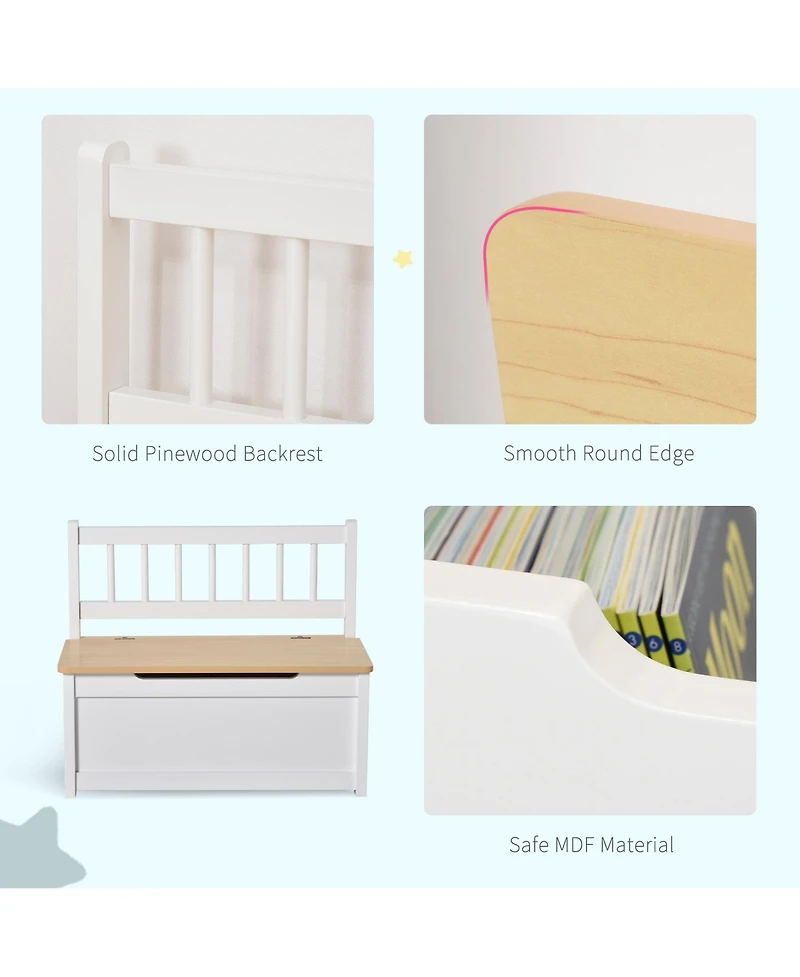 Qaba 2-in-1 Wooden Toy Box Kids Seat Bench Storage Chest w/ Safety Rod