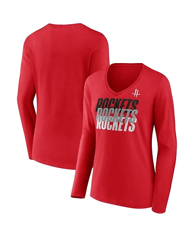 Fanatics Women's Red Houston Rockets Iconic Tumble Long Sleeve V-Neck T-Shirt
