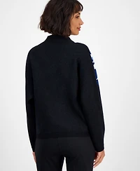 T Tahari Women's Floral Funnel-Neck Long-Sleeve Sweater