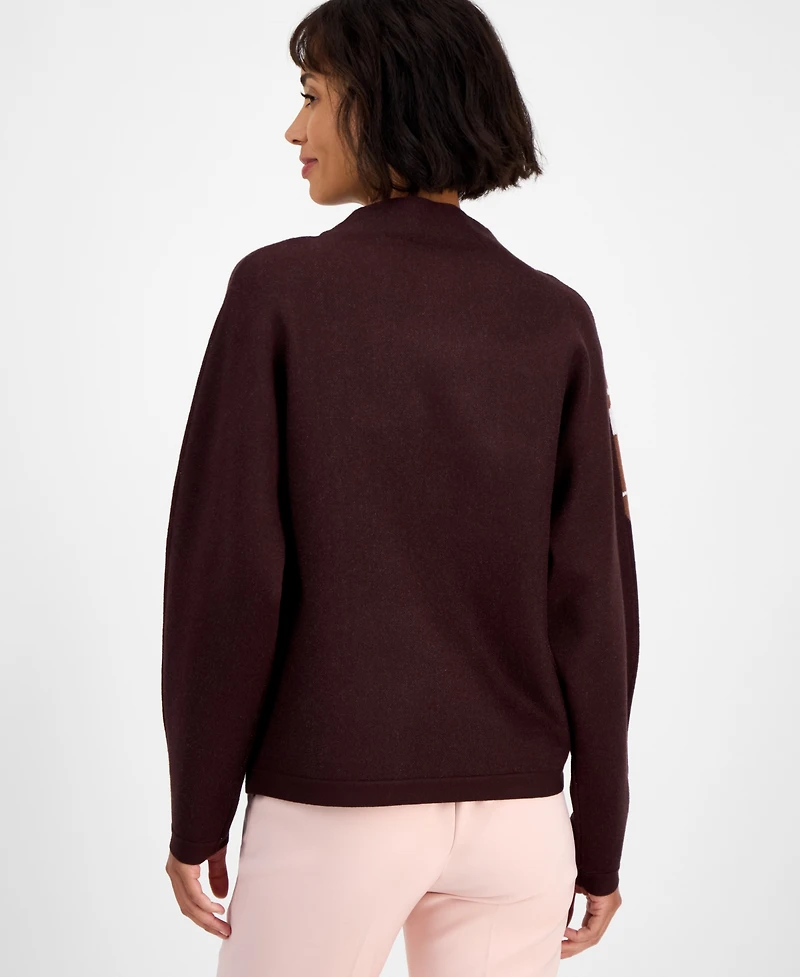 T Tahari Women's Floral Funnel-Neck Long-Sleeve Sweater