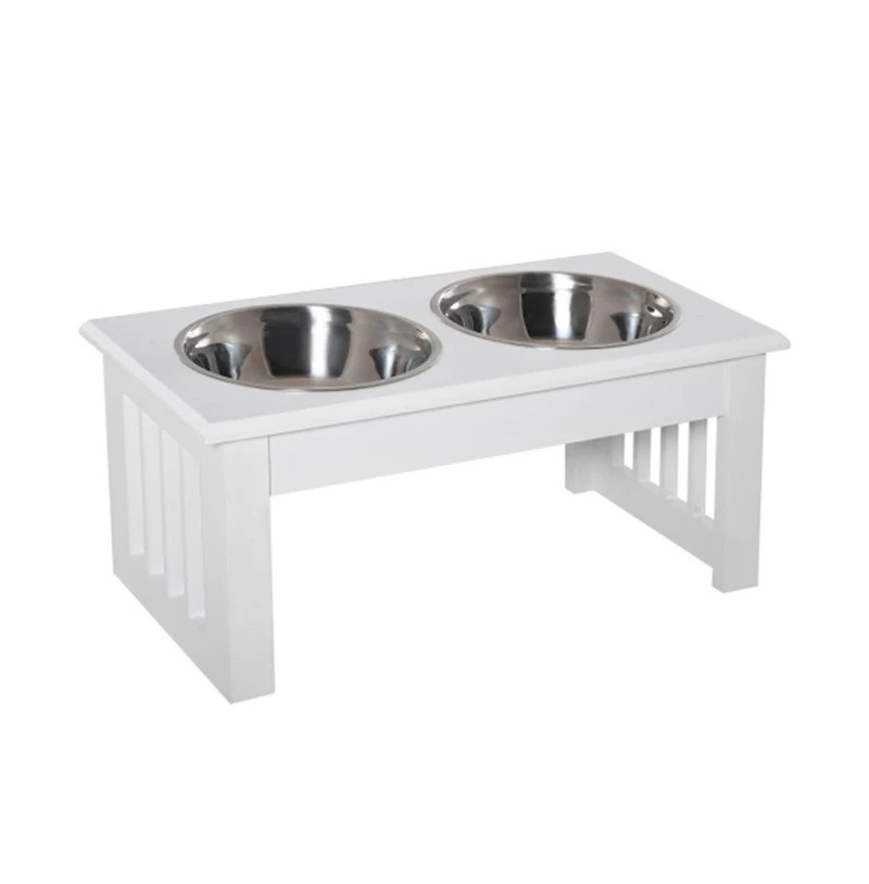 Aostirmotor 6 in-h White Small Puppy Dog Feeding Station Stainless Steel Elevated Bowls Wooden Frame