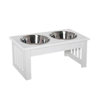 Aostirmotor 6 in-h White Small Puppy Dog Feeding Station Stainless Steel Elevated Bowls Wooden Frame