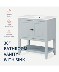 Casainc 30" Modern Bathroom Vanity with Ceramic Sink, Solid Wood Frame, Open Shelf & Door Shelf Design