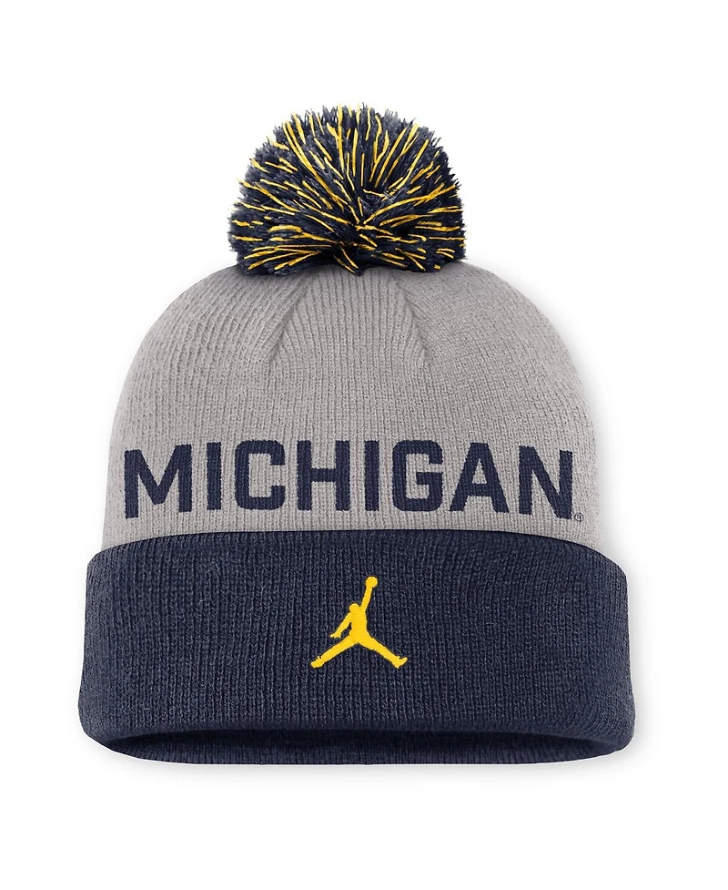 Jordan Men's Gray/Navy Michigan Wolverines Primetime Peak Cuffed with Pom Knit Hat