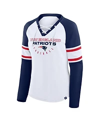 Fanatics Women's White/Navy New England Patriots Redzone Blitz Package Raglan Lace-Up V-Neck Long Sleeve T-Shirt