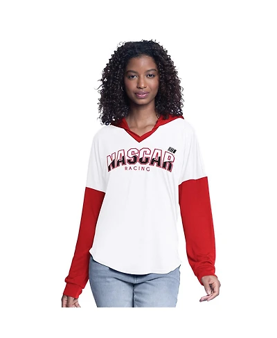 G-iii 4Her by Carl Banks Women's White/Red Nascar Bench Player Oversized Long Sleeve Hoodie V-Neck T-Shirt