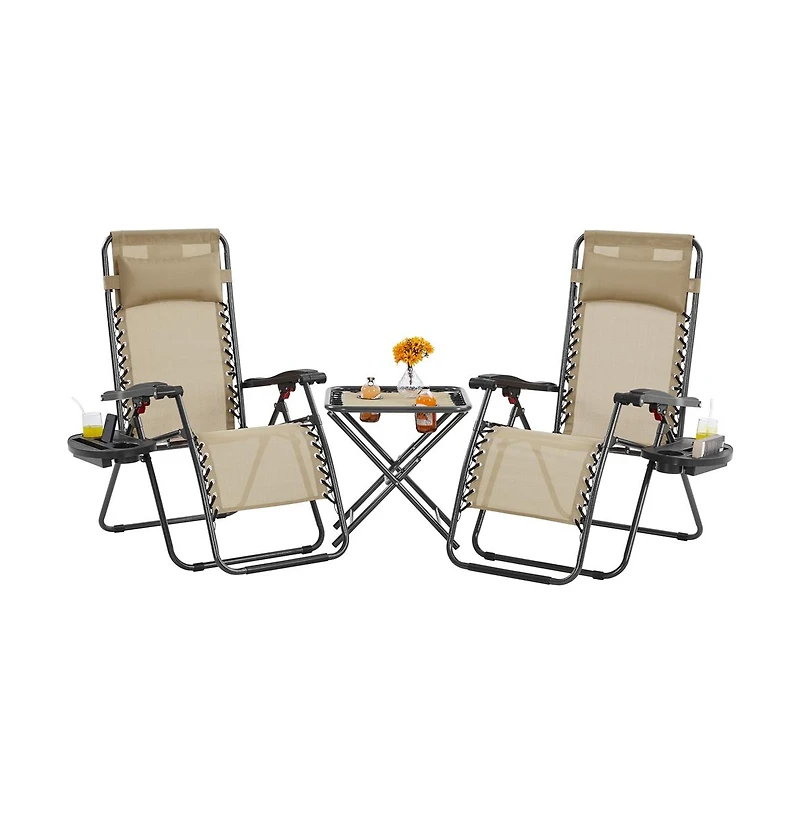 Yaheetech 3pcs 26in Outdoor Zero Gravity Chairs with Table, Patio Lounge Camping Chairs & Table Set Beige