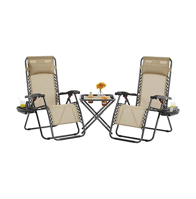 Yaheetech 3pcs 26in Outdoor Zero Gravity Chairs with Table, Patio Lounge Camping Chairs & Table Set Beige